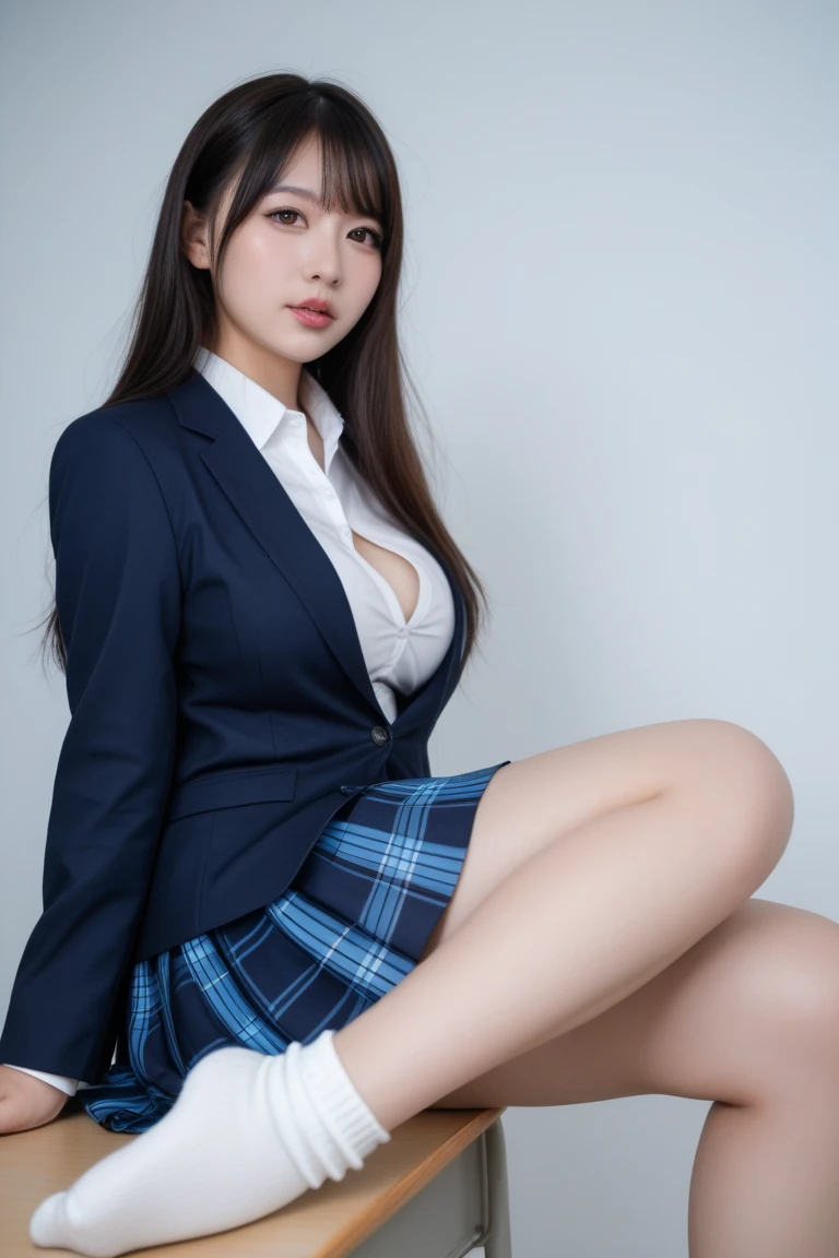 a 17 year old girl, she is the most beautiful actress in the world, the perfect body proportions of this girl, the blazer is appropriately buttoned up on the formal shirt above the short skirt, indirect bulge of her clothed large breasts, she is sitting on the bench with her legs open, exposed panties between her opened legs, above her head and below her anus area of the panties between her opened legs are no spece of this photo, it's just the front of her body, it's just one description, she is standing straight at the street, nsfw, best quality, highly detailed, masterpiece, ultra high res, photo realistic, 8k, RAW photo