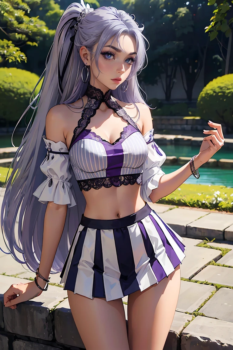 Anime comic style,High-quality characters,4k,1个Giant Breast Girl,exquisite facial features,Pale pink eyes,White skin,Skinny body type,Thin legs,All-round light,Positive perspective,Small chest,Silvery hair,Long hair with gradient color,Double ponytail hairstyle,figure eight bangs,Delicate hair accessories,Clear short-sleeved shirt,Bow tie,Purple-white mid-rise plaid skirt,White pantyhose on the left leg,Lie flat on quiet water,Clear water,Clothes are slightly damp,smiling expression,Cover your chest with your right hand。
