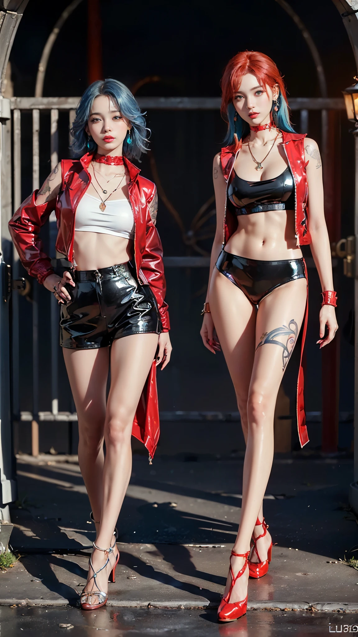 ((masterpiece:1.4)、(Highest quality:1.4)、(Realistic:1.7))、Masterpiece:1.4、(Top-notch rendering:1.4)、Beautiful Girl Dirty Pair 2、(Beautiful Space Investigator Dirty Pair:1.4)、(Space investigator duo Kei and Yuri)、(Kei and Yuri are cute girl names:1.2)、(Two investigators:1.4), (Kei and Yuri stand side by side...:1.4)、(By Luis Royo:1.4)、Body Fit Sexy Investigator Duo Uniform、(Shiny luxury latex:1.4)、(White Sleeveless Uniform Jacket)、(Underwear High Grade Red Latex Bikini)、(Luxury Red Latex:1.4)、19 years old、(Cute Tattoos:1.4)、(Wearing white gloves)、(Two cute ones:1.4)、Super Beauty、Sharp Focus、Portrait Photography:1.4、8k、Photorealistic images:1.4、(Perfect female body:1.4)、Perfect proportions、Sexy Couple、(Full body photography:1.4)、Beautiful Face、(Beautiful Skin:1.4)、Beautiful Eyes、Narrow waist:1.4、(Beautiful style with 9 proportions:1.4)、(A beautiful girl with long legs and a good figure:1.4)、Beautiful feet:1.4、(Kay has red hair:1.4)、(Yuri has blue hair:1.4)、(Long Hair:1.2)、Beautiful breasts、Large Breasts:1.2、sexy ass、Raw photo、Red lips、Red high heels:1.4、choker:1.4、necklace:1.4、Earrings:1.4、1 Screen Display:1.4、Cyberpunk City:1.2