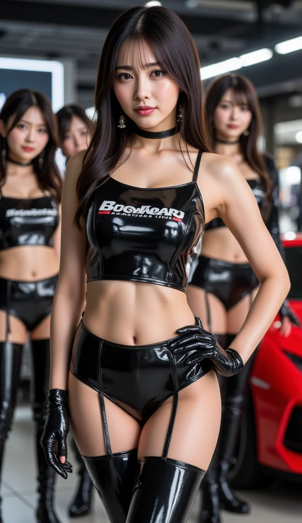 (8k, RAW Photos, highest quality, masterpiece:1.2), (Realistic, photo-Realistic:1.37), (whole body:1.3) (become close), (High resolution), ultra Realistic, hyperRealistic, 20 years of high resolution RAW color photography.Ladies,, young female,Beautiful Face, (high become close face),Looking at the audience, Perfect Face, young, become close hair ,Cleavage, Perfect breasts,Professional Lighting, Photon Mapping, Radio City, Physically Based Rendering, ultra-become close, extremely become close, beautiful become close girl, extremely become close eyes and face, Cinema Lighting, Perfect Fingers, Perfect hands, Perfect Legs, Cinema Lighting, Extreme Detail, Realistic skin, Show your belly, High heels,1 girl,Race_Queen,(Huge breasts:1.2),Clothing cutouts,Underbust, mini skirt, Outdoor,((sportscar)),((car)),((motor Show)),smile ,1 girl,