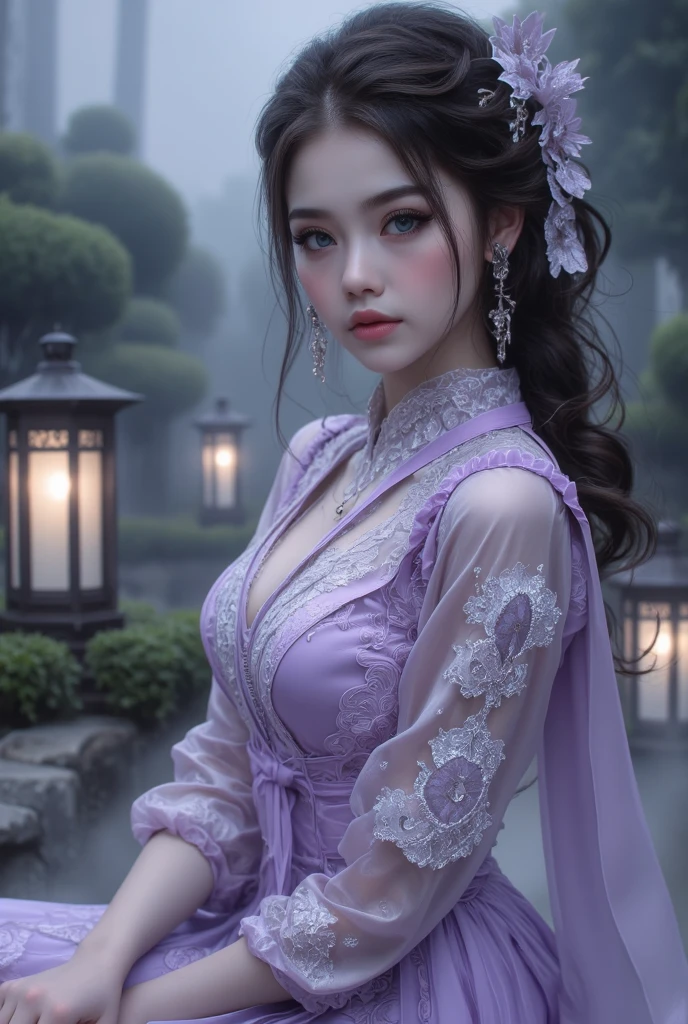 (raining day:1 bun girl,Purple hair combed into a bun, Girl), tmasterpiece, best qualtiy, RAW photogr, realisticlying, the face, Incredibly Ridiculous res, Beautiful elf beauty, ear studs,Get wet all over, (Light purple ultra-short hair,hair-bun), formal outfit,tiese,(black lence stockings),(Flat shoes),depth of fields, A high resolution, ultra - detailed, filigree, RAWE is very detailed, very detailed eyes and faces, Sharp pupils, realistic pupil, tack sharp focus, cinmatic lighting,full bodyesbian,Bigboobs,long leges,From the front side,Main street on a rainy day,dynamicposes