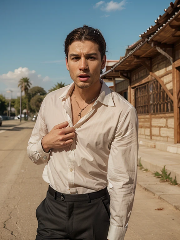 ( masterpiece) , Realistic, Portrait of a young muscular man, Insanely handsome face, sunlight, Cinematic Light, Disheveled windblown hair, Amazingly handsome man, Beautiful Eyes, Perfect Anatomy, Very masculine , Tanned golden skin, Prince Hazel Eyes, ( Frame your head) , Stylized, 8 Life-size, 8k resolution, Dressed in stylish clothes, resting on the terrace of a cafe, Looking into the distance, Human hand, Strangely rich and masculine, Full body view, dynamic, Very masculine, Character Sheet, Concept Art, Smooth and distant