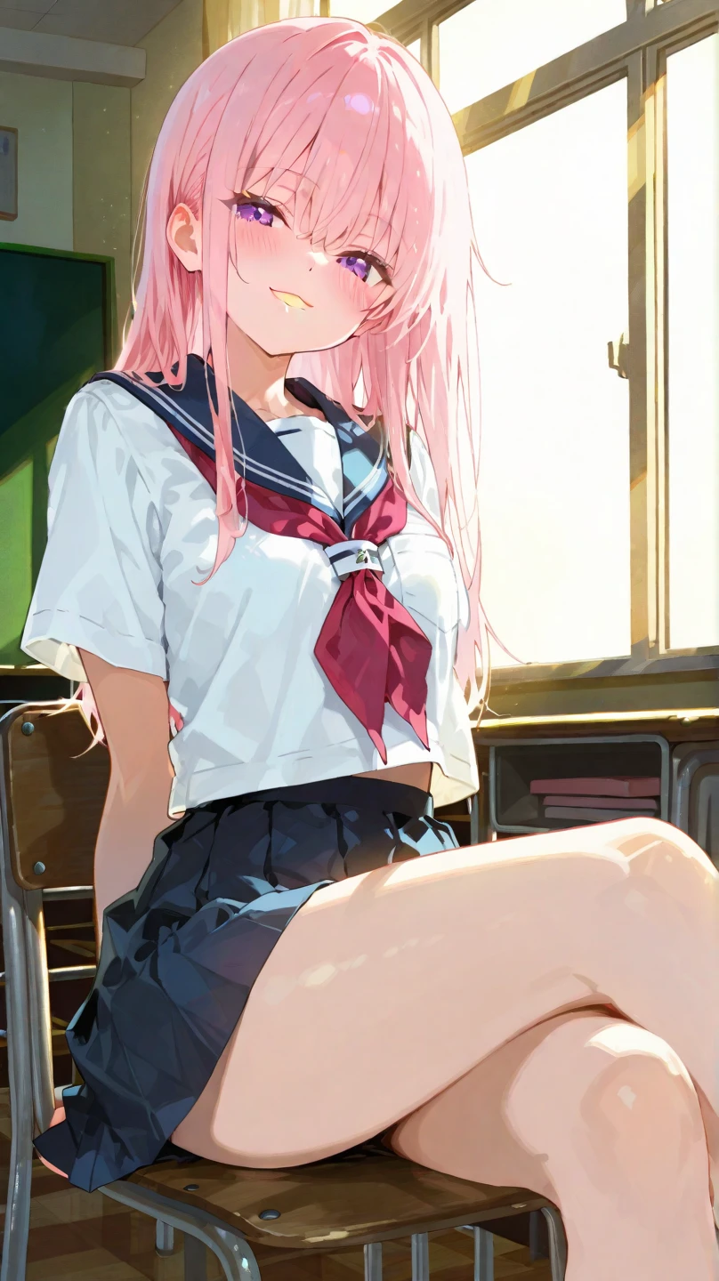 ((masterpiece, highest quality:1.3)),cowboy shot,20 year old beauty,solo,((very small head)),((long body)),pink hair,long hair,pink eyes,bangs,white headphone,medium breasts,slender body,skinny,shiny skin,oily skin,sweat,smile,Academy clothing、Short-sleeved sailor uniform、Navy blue sailor collar、Red neckerchief、Navy blue pleated mini skirt, white panties、Wet crotch、sitting,Lift your left leg、Simple chair、classroom、Academy、