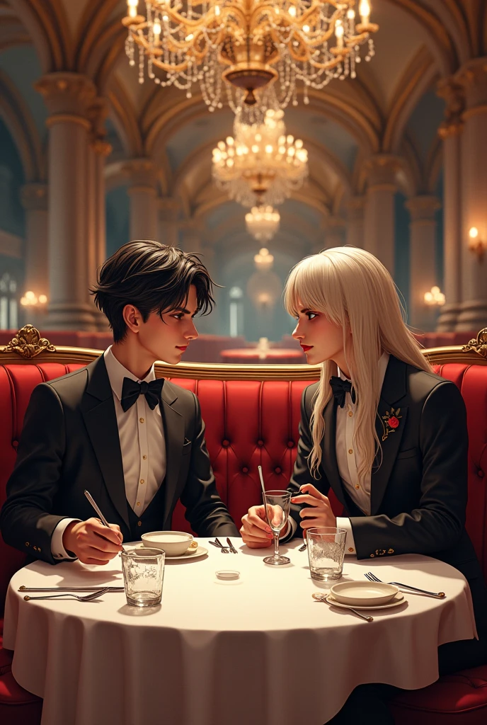 Four people sitting in a classic restaurant, where two of them are twin brothers, both white hair and black eyes, tall, Handsome. This other girl with a long black tail, thin and white. Finally this other slim girl with long curly orange hair and brown eyes. All dressed in period costumes, as they are in 1824.