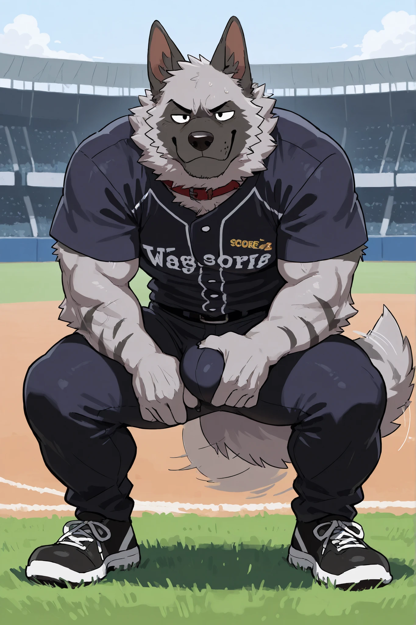 score_9, score_8_up, score_7_up, score_6_up, masterpiece, best quality, amazing quality, very aesthetic, by a cottage, holding bulge, stripes on fur, absurdres, newest, scenery, (heartless, muscular, anthro, dominant, baseball field, big muscles, 1male, solo, wripped baseball jersey off, torn baseball pants, dog cock, dog penis, smug, anthro dog, anthro german shepherd, closed Mouth, happy, tale wag, wagging tale , monster dog, silver fur, detailed black eyes, smith, (sharp teeth), (by woolfie:), wripped baseball uniform, bulge