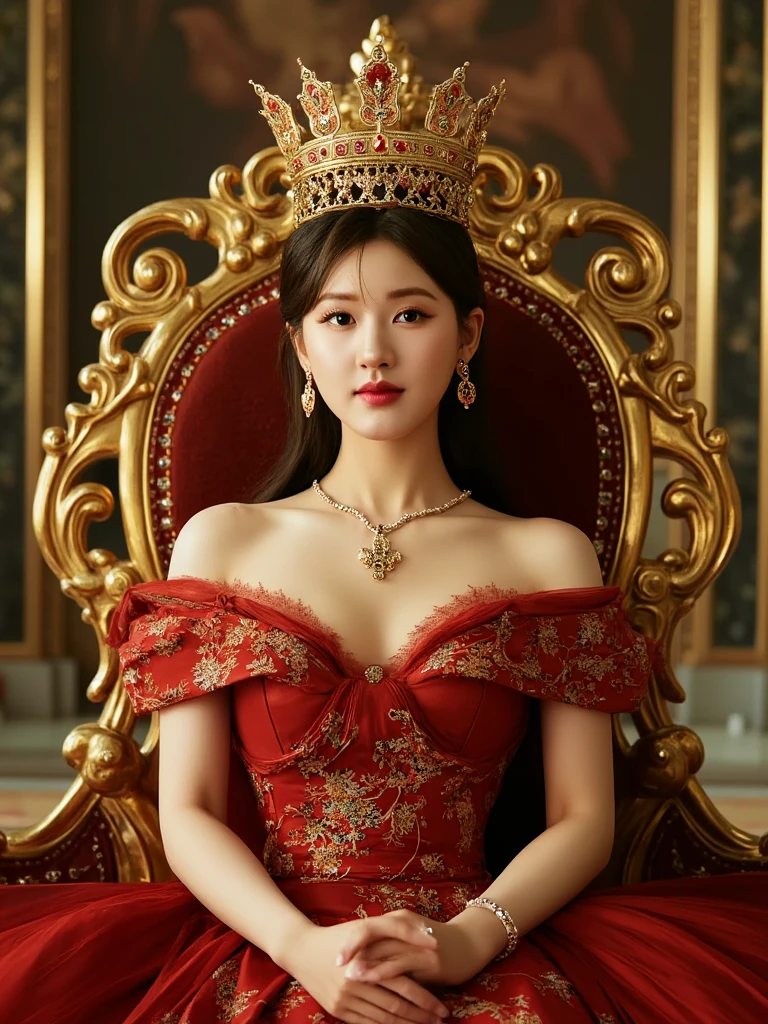 ((1girl)), asian girl, princess dress, red dress with small gold details, in a palace, portrait