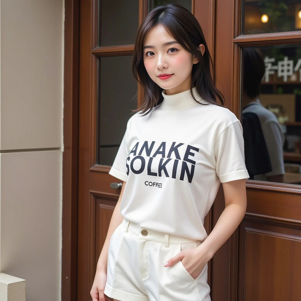Zhu Ai_Villas，RAW photos，Brand photos，（highdetailskin：1.2），8k ultra high definition，digital SLR camera，gentlesoftlighting，high high quality，filmgrain，富士XT3，20 years old Asian woman，Wear simple clothes，T-shirt and skinny jeans，Detailed clothing details:1.3，perfect body figure，Super detailed facial details and skin，Fair and tender face and skin，二重まぶた，Super detailed eyes，Sweet smile:0.5，fully body photo