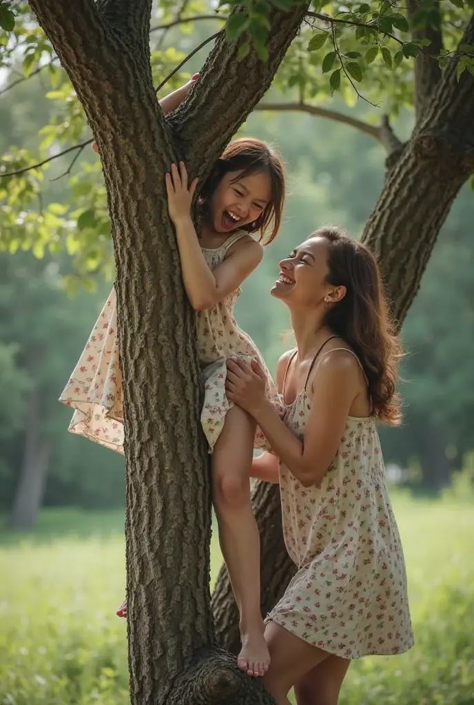 Very happy young skinny children with short red hair, dressed in light summer dresses, ride on their dad's shoulders in a forest in the middle of the afternoon