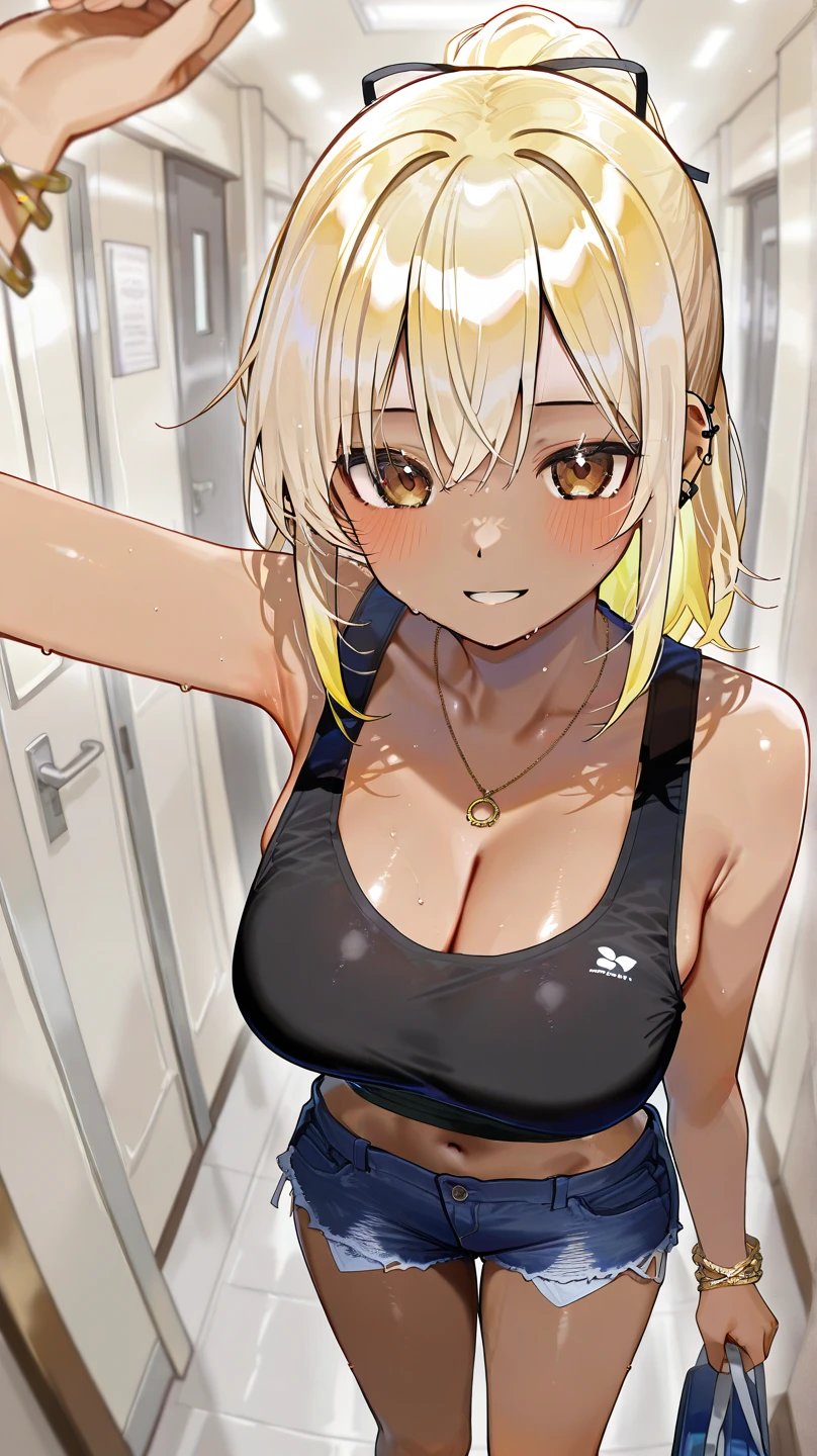 masterpiece、highest quality、Very detailed、An illustration、Beautiful fine details、One Girl、cute、Detailed landscape、Training Room Background:1.4、Platinum Blonde Hair、Braided Ponytail、Red camisole、((D cup breasts, Tank top showing underboob:1.3))