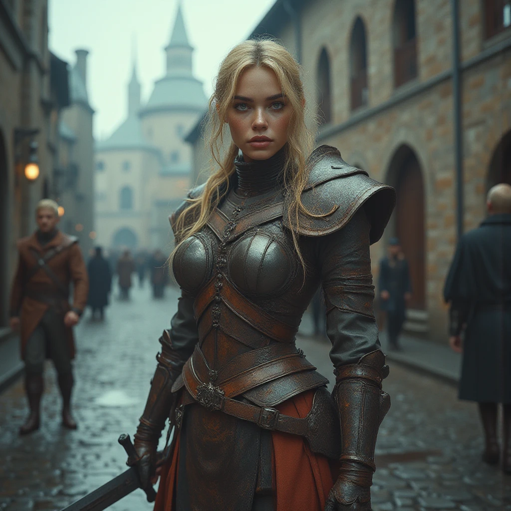 Practical,Burning village，night，Viking,1 Girl,blue eyes,Large Breasts,Full body portrait,Blonde Hair,Solitary,Braided Hair,angry,Charge,A sword with a pattern engraved on the right hand,Shield on left arm,Medium and close range photography
