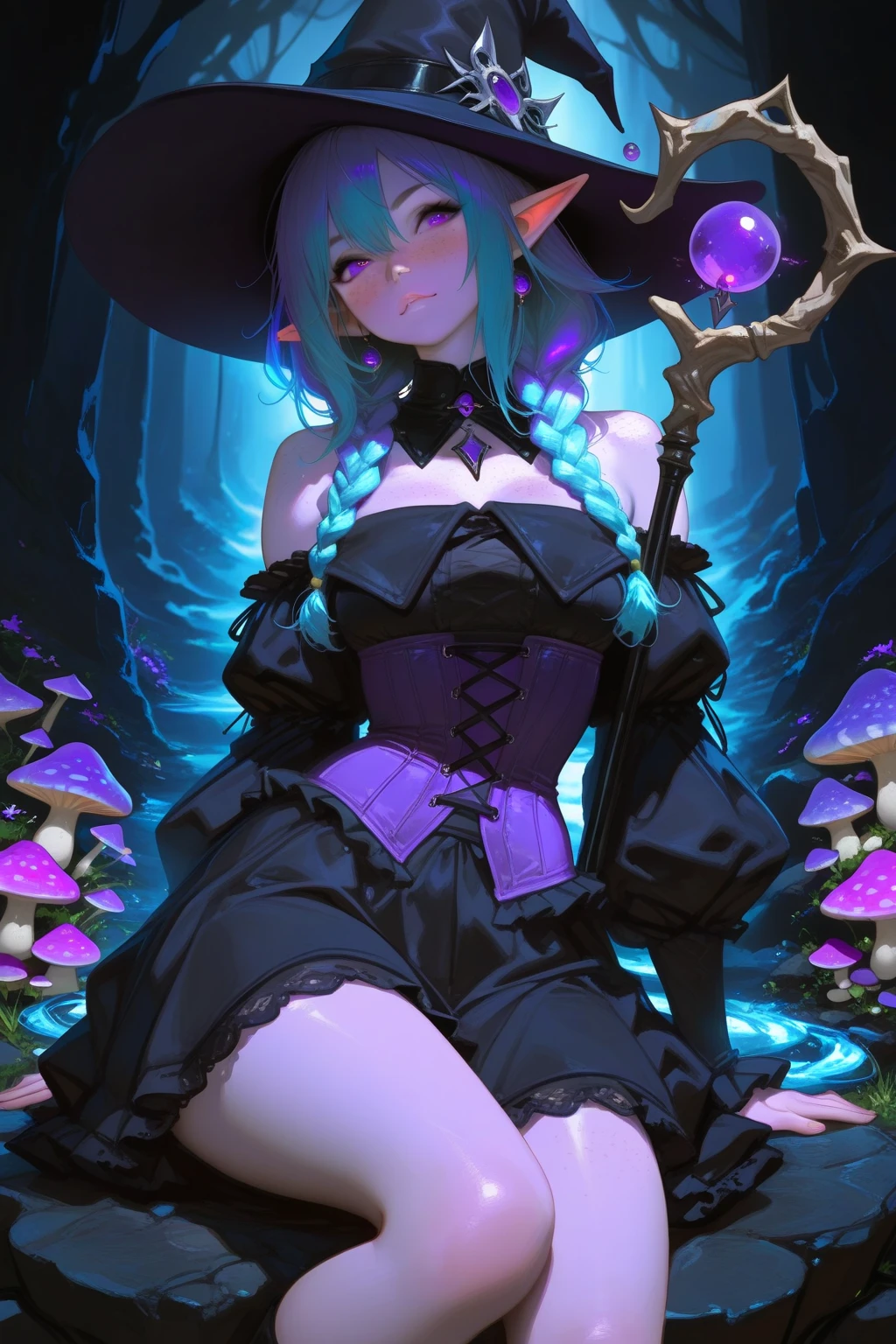 Large breasts, cleavage, Full body shot (((master piece, best quality))), 1girl, (((long green hair))), very long hair, ((, gradient hair, two-tone hair, green hair, :1.2))), (((glowing blue eyes))), (((star-shaped pupils))), gothic makeup, (thick eyeliner), lips, eyeshadow, (((black off shoulder tiered sleeve crop top))), ((harness)), large breasts, (((high waist black skirt))), (navel piercing), ((garter)), (gothic ripped stockings), ((gothic black boots)), (((black witch hat))), (((Gothic witch))), scenery, ((forest)), (((haunted forest))), (((glowing mushrooms))), (fireflies), (((iridescent))), (((posing for viewer))), (((close up shot))), more_details:2, InkAnime, oni horns, oni_horns, anime_oni_horns, InkAnime, (glowart), Korean webtoon girl, big eyes, ombre lipstick, cute face, oval face, colored hair, curly hair, straight hair, kahuka1, (((entropymagic))), fantasy, decay, dissolving, glowify, colored eyelashes, (((purple eyelashes))), colored eyelashes, white eyelashes, entropymagic, fantasy, decay, dissolving, glowify, colored eyelashes, white eyelashes, entropymagic, fantasy, decay, dissolving, glowify, more_details:-1, more_details:0, more_details:0.5, more_details:1, more_details:1.5,