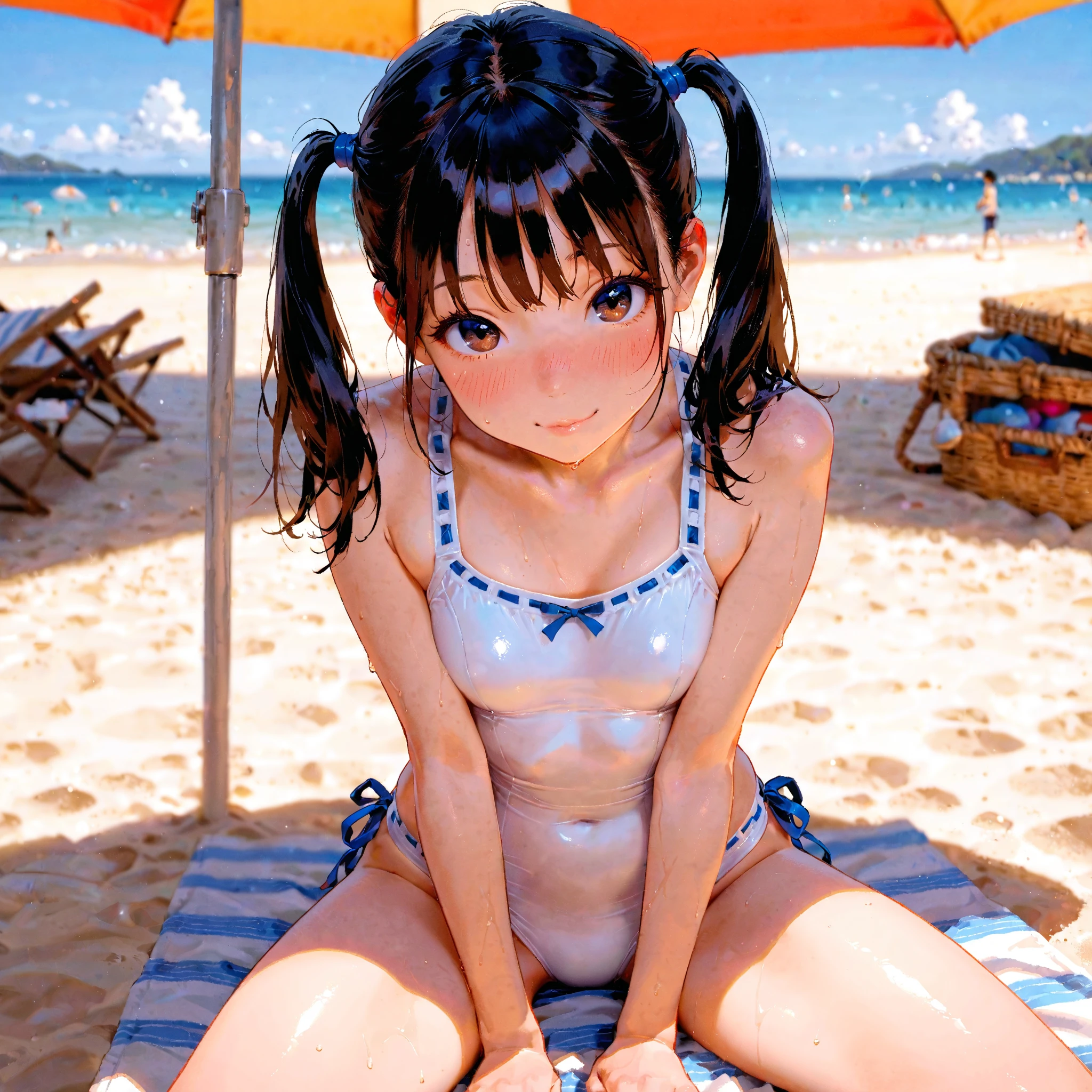Ann takamaki. blonde hair, twin tails. blue eyes. nudity. large breasts, visible nipples. legs apart. visible vagina. wet skin. wet hair. beach. ocean. freckles. Solo. Alone. water on body. towel. Tentacles.