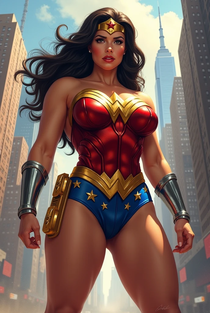 ((top quality)), Depth-Of-Field, (Victoria's Secret Model Wonder Woman), Wonder Woman, 1girl, single, solo, full body, from side, facing the viewer, fighting stance, ((clenching fists)), ((empty hands, hold nothing)), serious, parted lips, (intricate details, makeup), (delicate and beautiful delicate face, delicate and beautiful delicate eyes, face with perfect proportions), (realistic moist skin: 0.5), (drenched body: 0.9), (wet skin), wet hair, high-detail skin, delicate skin, best proportions four fingers and one thumb, strong and realistic blue eyes, realistic black hair, lips, makeup, natural skin texture, tiara, leotard, bulletproof cuffs, red boots, (public clothing:1.3), slightly sunburned skin tone, mature, sexy, elastic muscles, (muscles:1.2), ((strong and healthy body)), ((((more) muscles))), long legs, curves, thick thighs, wide buttocks, thin legs, (big breasts: 1.2), thin waist, soft waist, (delicate skin), (beautiful and sexy woman), (swollen lips:0.9), (eyelashes:1.2), very delicate muscle definition, cityscape, (cinematic look :1.4), soothing tones , insane details , intricate details , hyperdetailed , low contrast , soft cinematic light, (dim colors :0.6). hdr , raw , slate gray atmosphere, (raining outside :1.2), (storm cloud:0.7), (stormy weather:0.5),