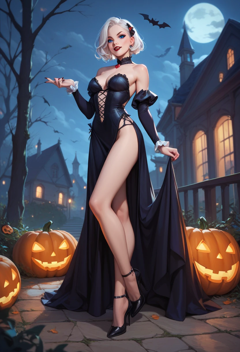 gwen tennyson,tracer,bulma,rebecca chambers,nier automata,solo girl,close up,moonlight,vampire costume,red neck jewelry,body tattoos,long skirt,garter belt,short hair,red earrings,fangs,red long sleeve top,holding a wine glass,pumpkin village,vampire cloak,halloween castle,bat amulets,glowing pumpkin,green eyes,orange hair,shy smile,freckles,redhead,beautiful girl, large breasts,thigh high boots,ultra detailed,realistic,fantasy art,
