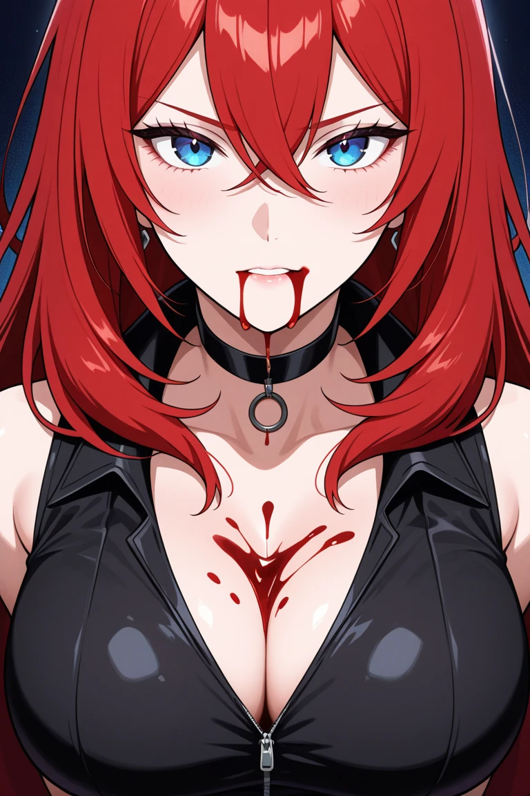 aa portrait of vampire with a bloody tear coming down from he eye, an exotic beautiful female vampire, red hair color, dynamic hair style, ultra detailed face, best detailed face, (silver eyes: 1.3), ((1single red teardrop: 1.3)), ((tear drop made from blood)), ((teardrop coming down from the eye: 1.3)), small cleavage, wearing two black diamond earrings, Ultra-high resolution, High Contrast, (masterpiece:1.5), highest quality, Best aesthetics), 16K fantasy art, best details, best quality, highres, (ultra wide angle: 1.2), 16k, [ultra detailed], masterpiece, best quality, (extremely detailed), ladyshadow, magical sky, crying style, vampire teeth, realistic anime art style