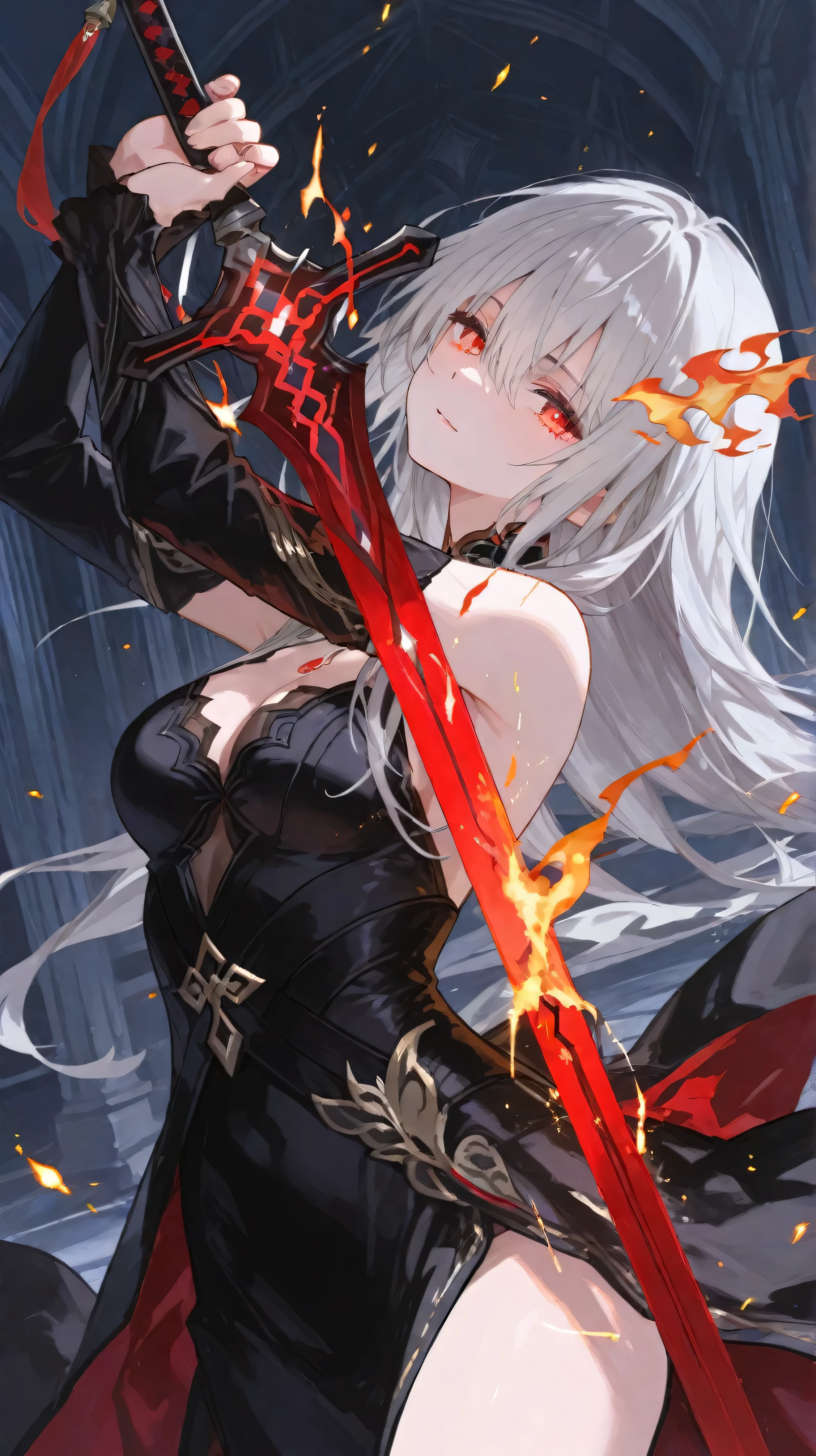 An adult woman half fox and wolf, wide breasts, red eyes, white hair, very angry, in a black little open dress, holding a sword