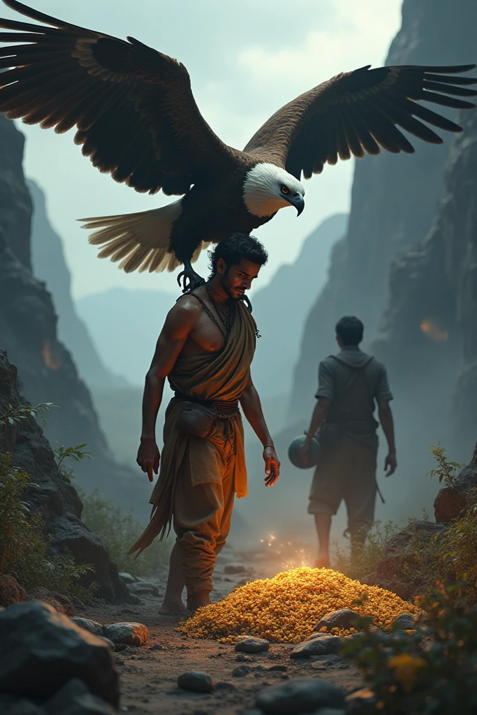A Storm is Coming**
Dark clouds gather ominously over the village as Raghur looks up with concern from his fields. Garuda is seen flying against the strong winds, struggling but determined to stay close to his friend. The environment is tense, with trees bending in the wind and the first drops of rain starting to fall.