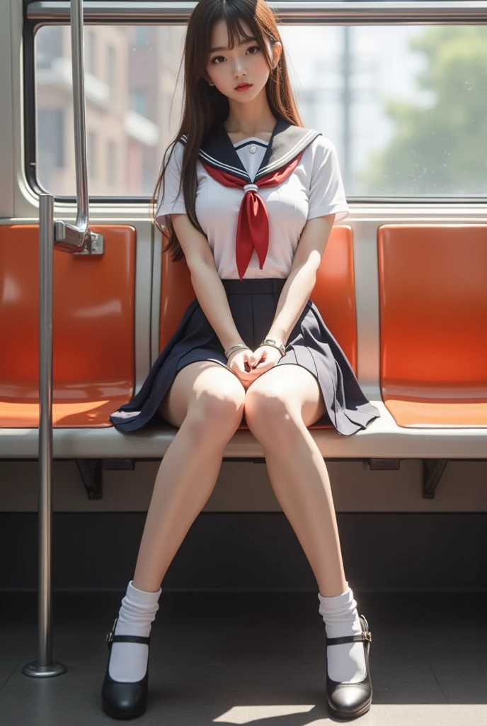 score_9, score_8_up, score_7_up, uncensored, realistic, in train, tokyo, from below,
1girl, cute, japanerse, 1girl, school_uniform, sailor_uniform, dark blue skirt, black hair, long hair, half closed eyes, open mouth, tongue out, sitting seat, spread legs, huge breasts,lifted skirt, black panties,