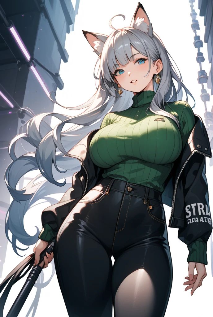 (dark silver hair with black strands, long hair, embarassed face) , green slit eyes, in snow, slightly chubby, tight shirt stops just above large ample breast, exposed stomach and midriff, tight shorts, big ass and hips, oversized sukajan jacket, nice lighting