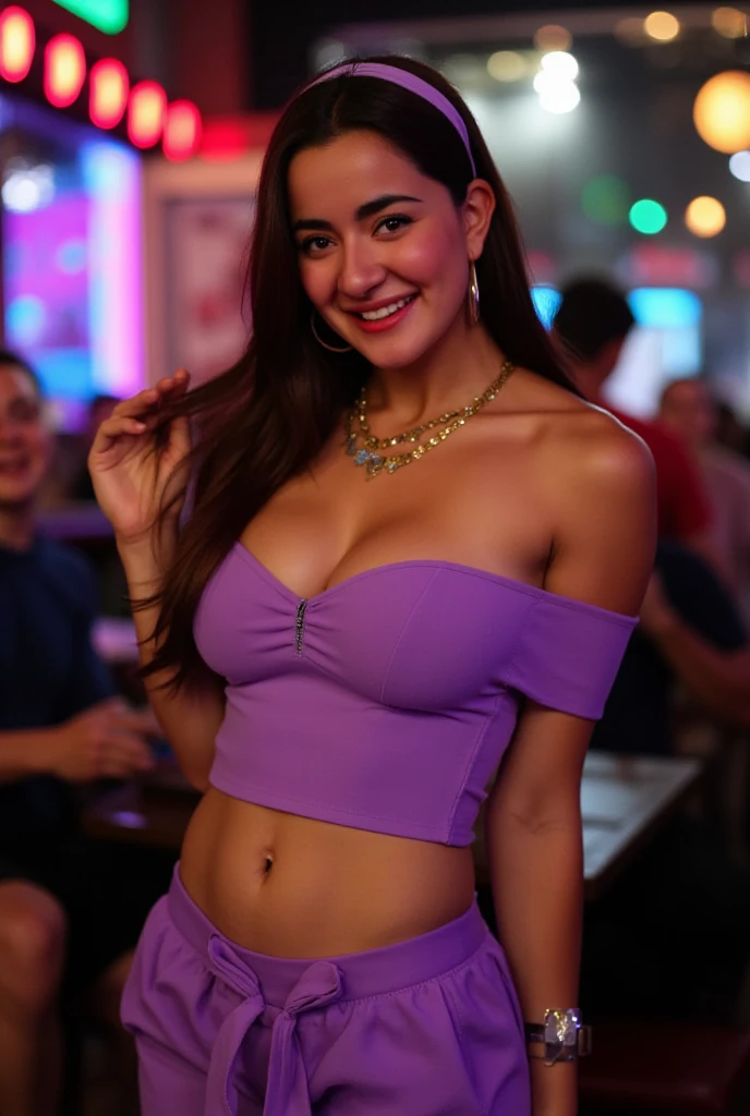  photo of beautiful young woman with toned body long light brown Hair, showing her toned abs, perfect eyes, (highly detailed skin:1.1), (large firm breasts), Perfect Slim body, sitting at the edge of the bar in a lavender summer dress on a Greek island, ((SFW)) , Realistic, PHOTOREALISTIC, detailed face, soft lighting, dynamic pose, Professional photography, blurred background, RAW, analog style, sharp focus, 8k UHD, DSLR, high quality, Fujifilm XT3, realistic skin texture, award winning, masterpiece Realistic, PHOTOREALISTIC, detailed face, smirk, dynamic pose, blurred background, analog style, sharp focus, 8k UHD, DSLR, high quality, Fujifilm XT3, realistic skin texture, award winning, masterpiece 