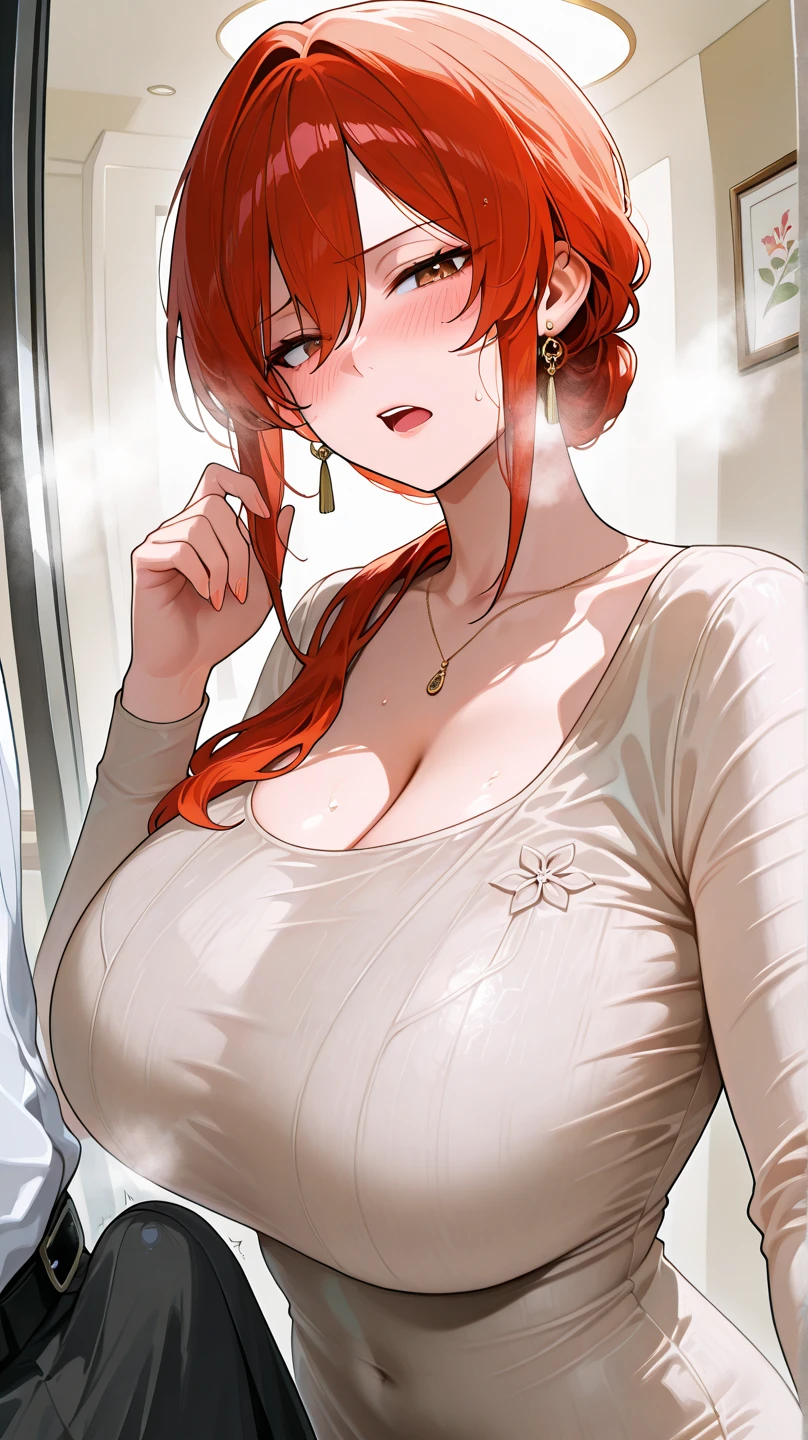 1 mature woman, light peach skin, big green eyes, red formal hair, pearl earrings, pearl necklace, sexy, hourglass shaped body, wearing white crop top, wearing blue tight mini dress, at the office, seductive, voluptuous curvy woman, open jacket, big chest
