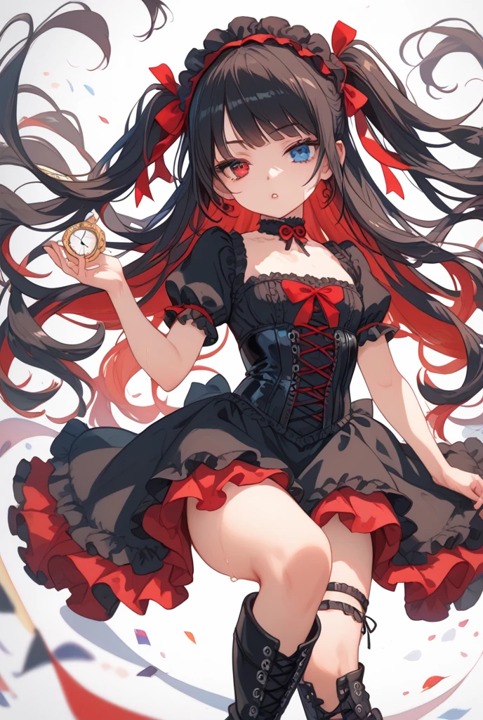 Extreme skin texture, hair details, clear pores, natural sweat hair, lip details, distinct upper and lower lips, skin contours, smooth arms, thigh and calf lines, sole texture, clothing texture, waist curve, golden ratio, facial texture, chest details, 8K, kurumi tokisaki, black long hair, twin tails, frilly headband, red ribbons, heterochromia, yellow clock eye, red eye, choker, red and black gothic ta dress, frills, corset, black knee boots, lace-up boots, intricate design