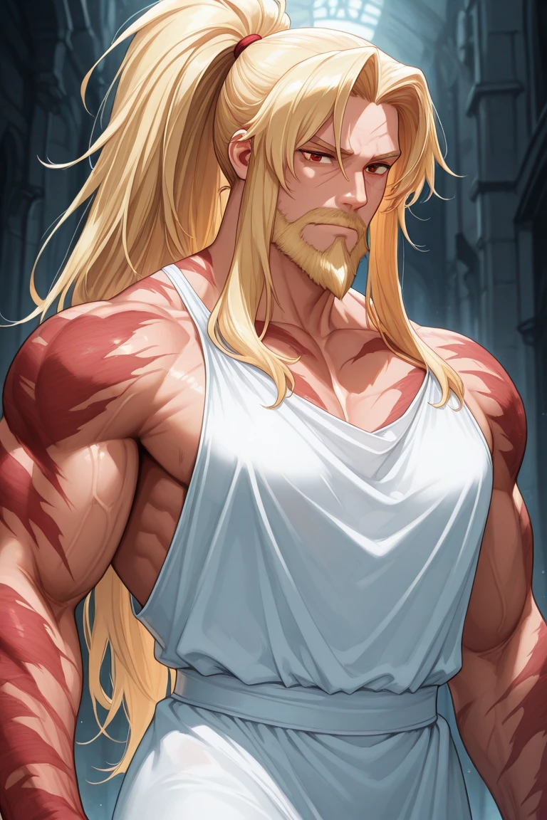(masterpiece), best quality, (full body portrait), solo, a mature man, goatee facial hair, blond hair, beautiful eyes, muscular, long hair, hairly chest, (M-shaped spread legs), (loincloth), center of the city