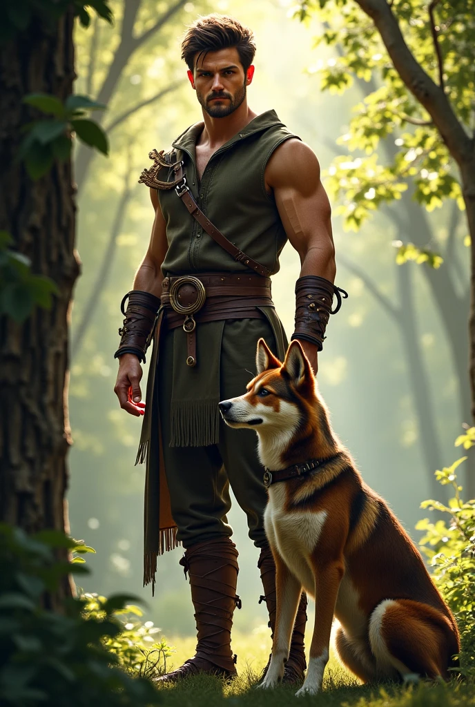 A young man with a dog, real image, forest atmosphere with scanty clothing, 3D picture, there is a sharp sword weapon