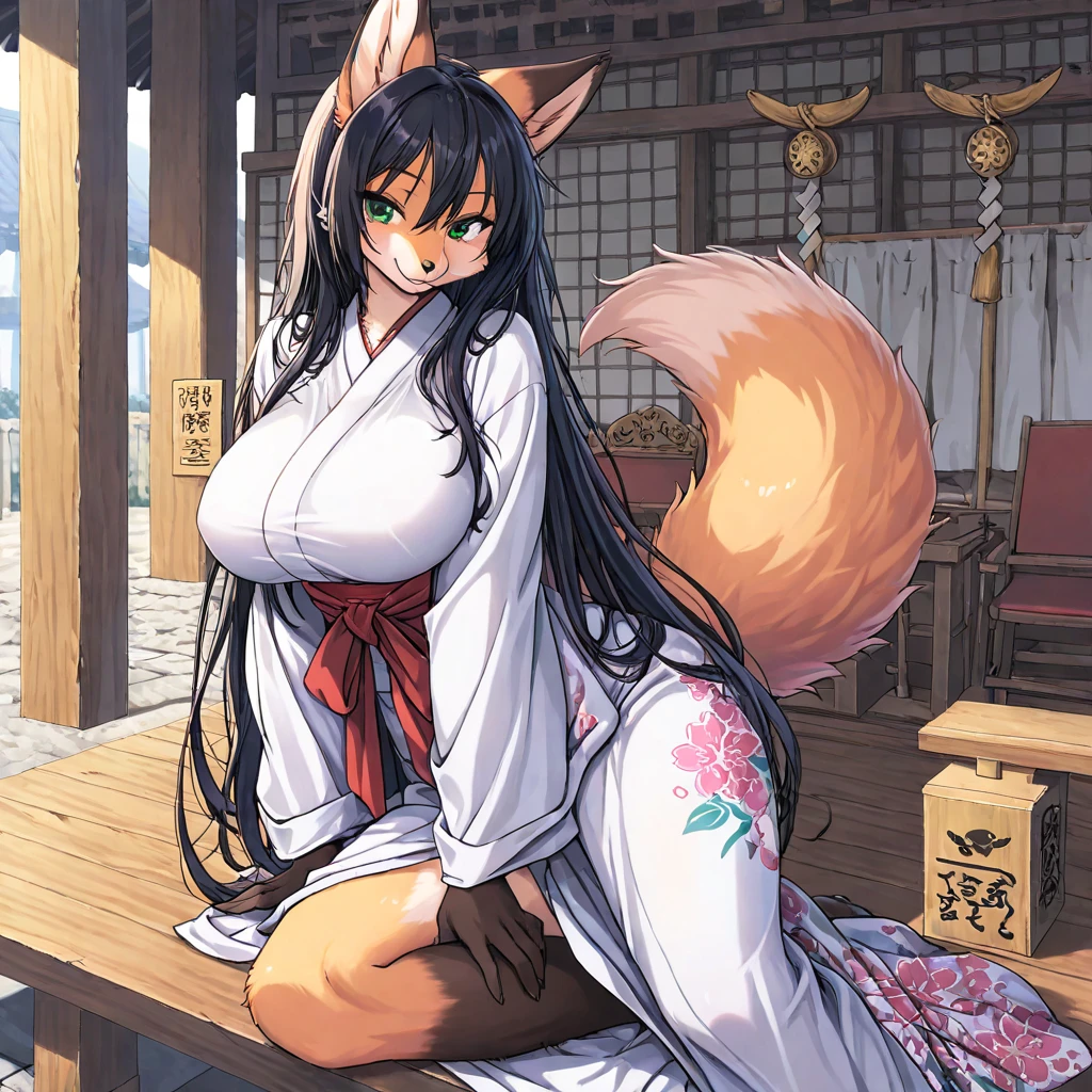 kitsune, black hair, on all fours, huge breasts, aroused, thick thighs
