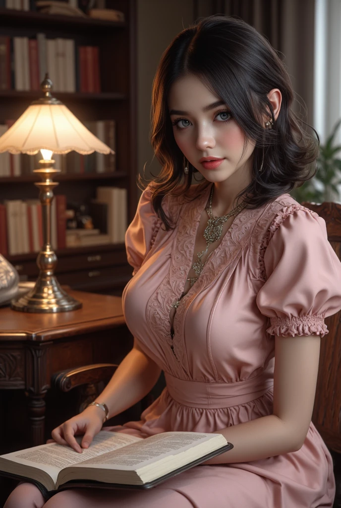 Professional, High level of detail, close up photo (attractive mature 55yo woman:1.3),long hair,(beautifull red long dress, elegant)1.455,ray tracing, natural lighting, (seductive:1.1), (blushing:1.1 ), (classy, elegant, dandy)1.2, (round big breasts)1.2 (pokies)1.3, (toned body, hourglass body shape) (wipe hips), (full body with visible face and eyes)1.5, glasses, earnings, library, necklace, night, sit down at book, crossed leg, pink lips