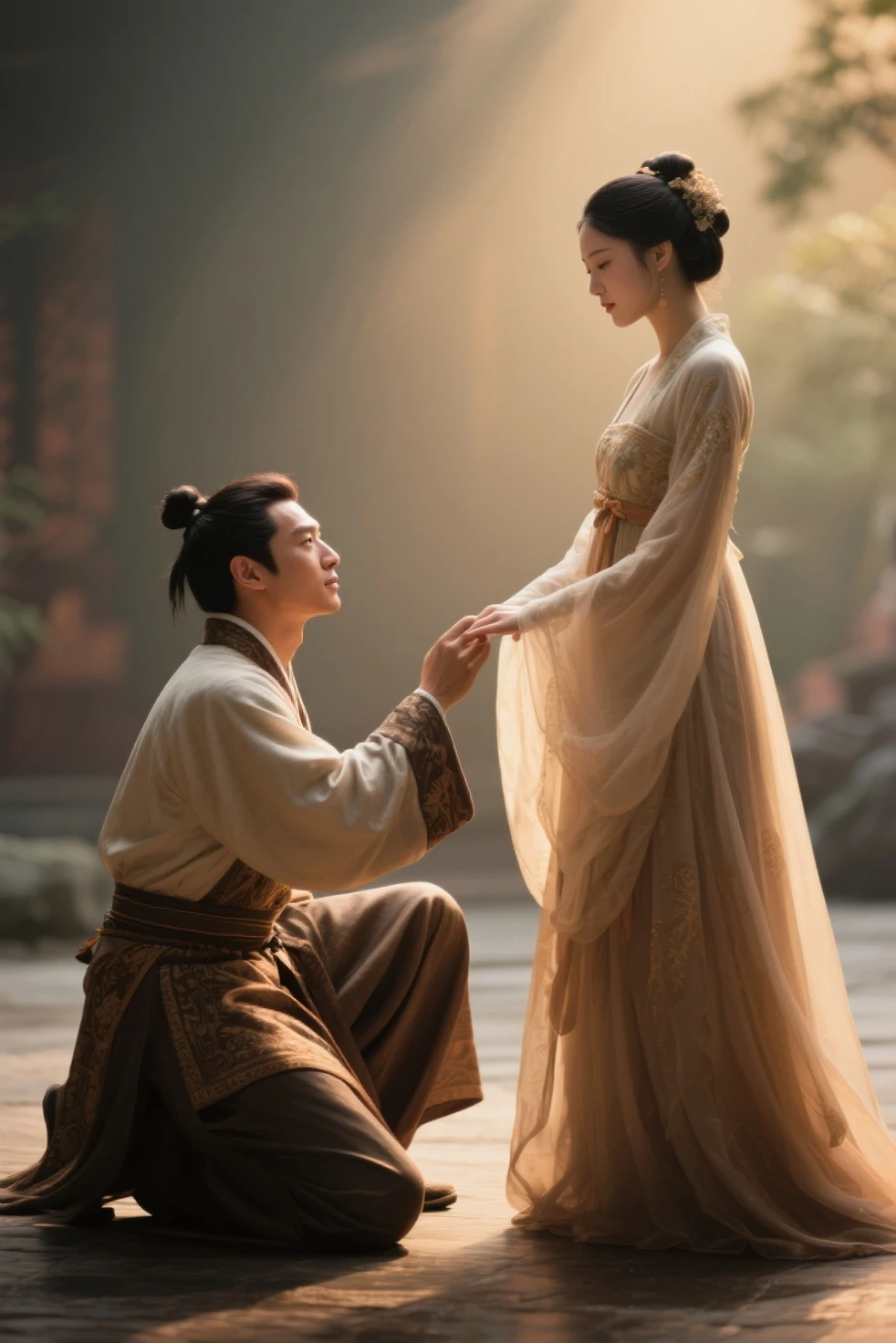 In the full Tang Dynasty, a princess in full official regalia lies in the arms of a young man who is carrying her down a steep slope into an abandoned hut.