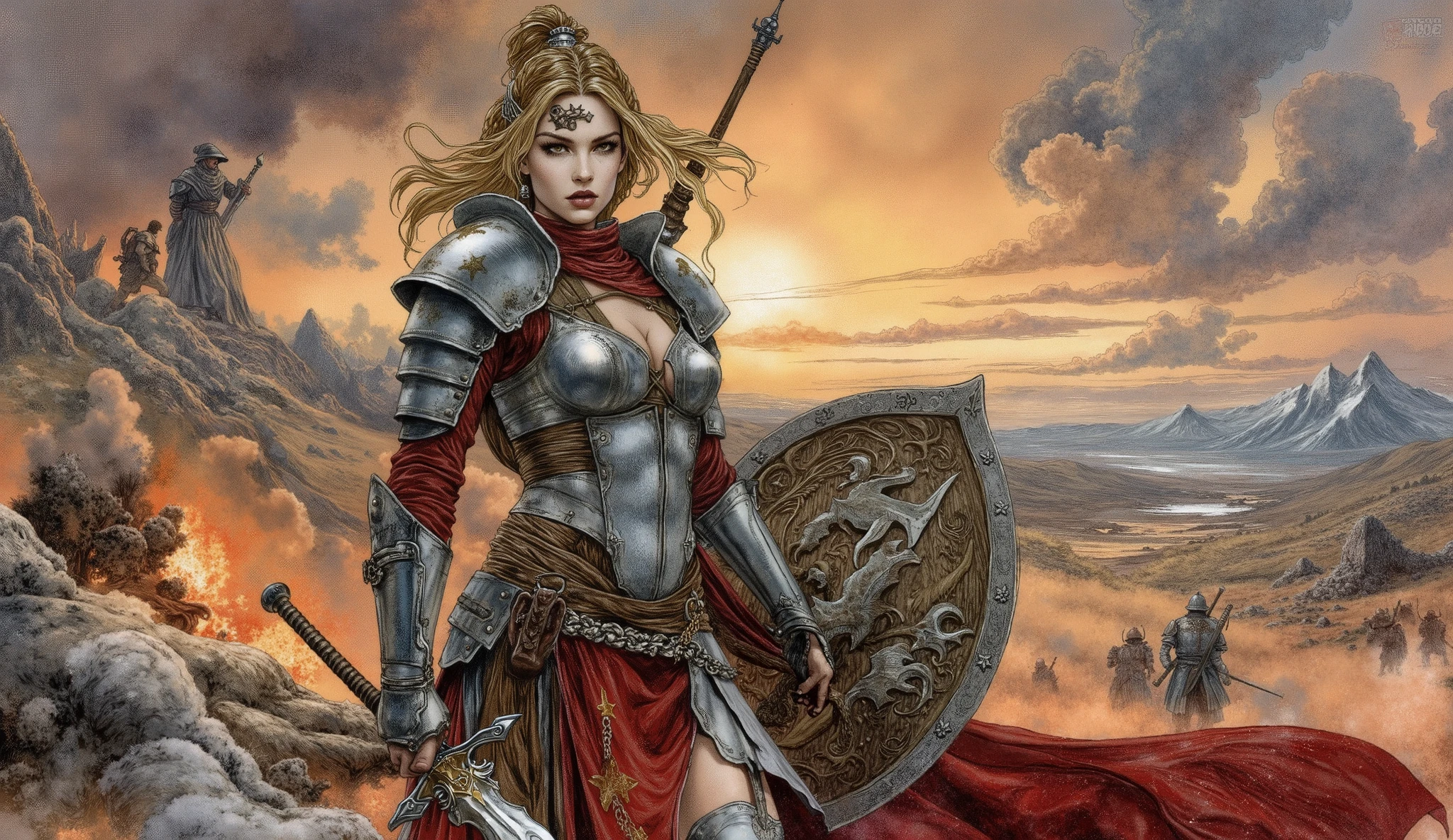 Create a highly detailed fantasy illustration of a female warrior ...