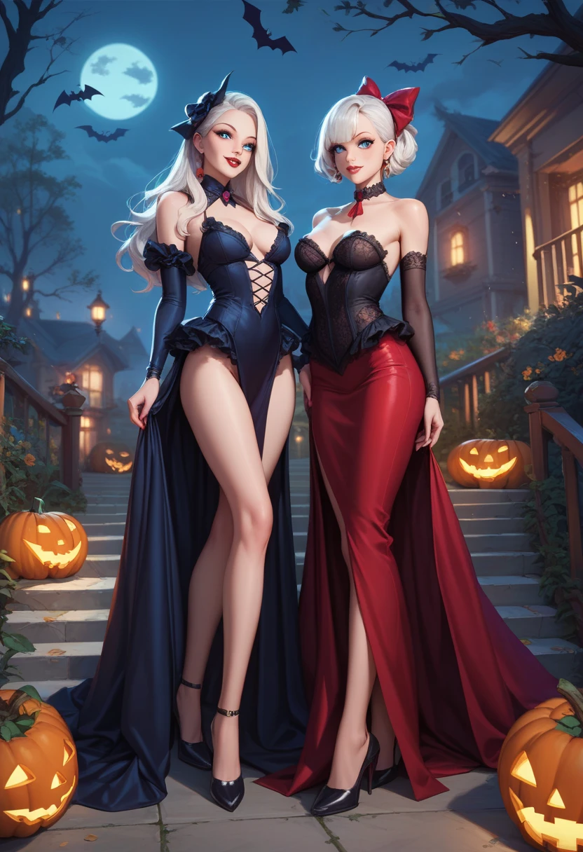 lesbian, seductive, long dress, leg slit, touching, fondling, vampire, 2girls