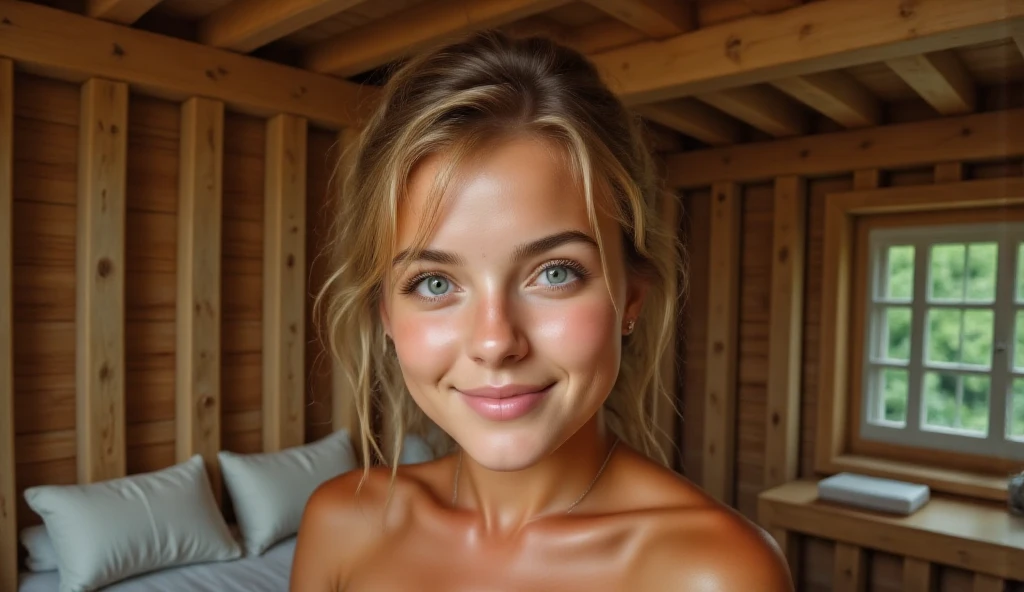 woman 27 years old, blonde hair, perfect face, Meisterwerk, realistisches Aussehen, sportliche figur, 175cm tall, light tanned skin, realistische haut, charming smile, braune haare, nordic, evening, sommer, 105mm focus length, blue eyes, big eyes, Beautiful eyelashes, natural makeup, very happy, laughing, oral invitation, happy, hair one side up, happy, hair pulled back, hair one side up, full body view, cinematic lighting, depth of field, atmospheric perspective, atmospheric perspective, dutch angle, anatomically correct, super detail, high details, high quality, award winning, highres, accurate, retina