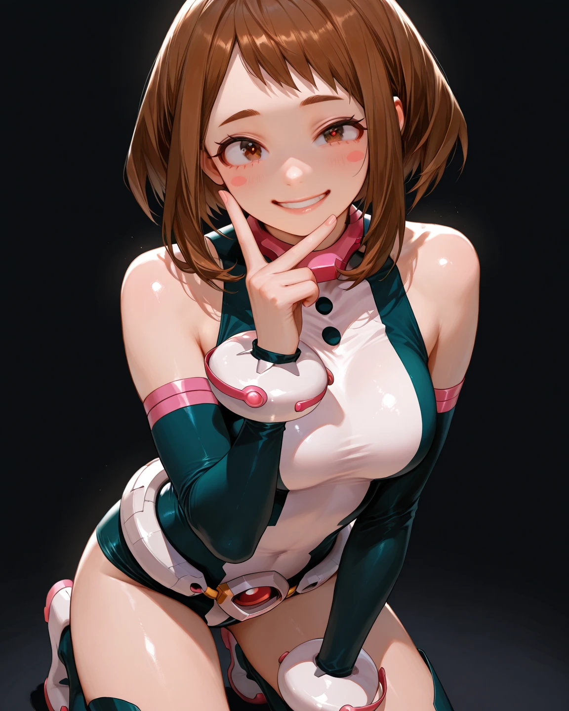 Rain Mikamura,yellow headband,perfect hands, perfect finger,perfect anatomy, masterpiece, best quality,realistic, hyperrealistic, 16k hdr,1girl, large breasts,erected nipples,brown hair, medium hair,green eyes,earrings,mobile trace suit, (shoulder armor with antenna,pink and black latex bodysuit:1.1),skin tight, outdoor,blue sky,park,sweat,(red blush,smile:1.3) ,(metal collar),(open mouth,tongue out:1.2),upper body, (holding mug filled with cum:1.2)