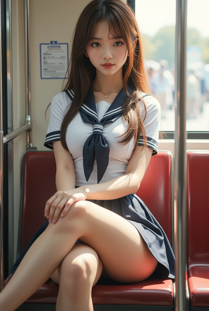 Highest image quality、(Sailor Mars)、((sailor suit))、beautiful feet、((slender))、Whitening skin、miniskirt、riding the bus、Sitting on a chair on a bus、((Composition seen from the side))、((Composition seen from directly above))、((super big breasts))、((No bra))、((The nipple protrusions push up the uniform))、cropped tops、Arch your back and push your chest forward、((short sleeve))、barefoot、((Wearing mules))、thin legs、((sit with your legs straight out in front of you))、Eyes are not looking at me