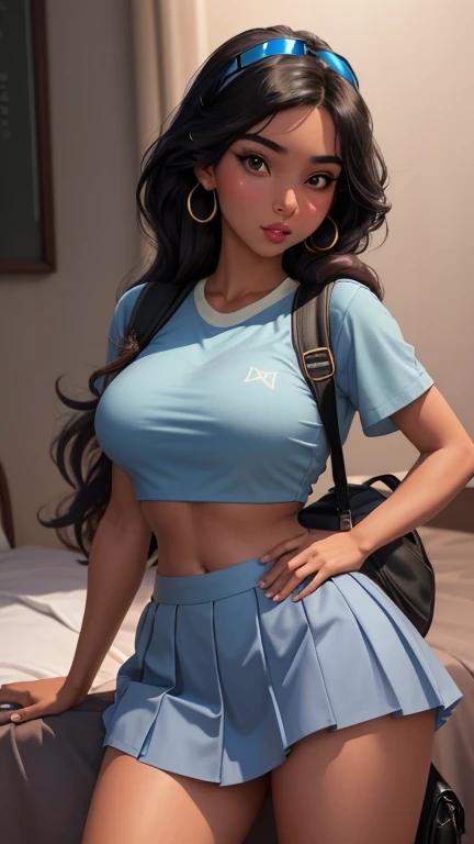 1girl, solo, masterpiece, high detail, high definition, HDR, 8k, volumetric lighting, subsurface scattering, beautiful asian woman, 20 years old, (tan skin:1.4), sitting on a desk, (legs spread apart), (dark skin), (blue sweater), (white blouse), (completely unbuttoned), (lace bra), (plaid skirt:1.4), (pink panties:1.4), (white thigh high stockings:1.5), hair in in 2 thick braids, college classroom, large windows, sunlight, sunbeams, shot from below,