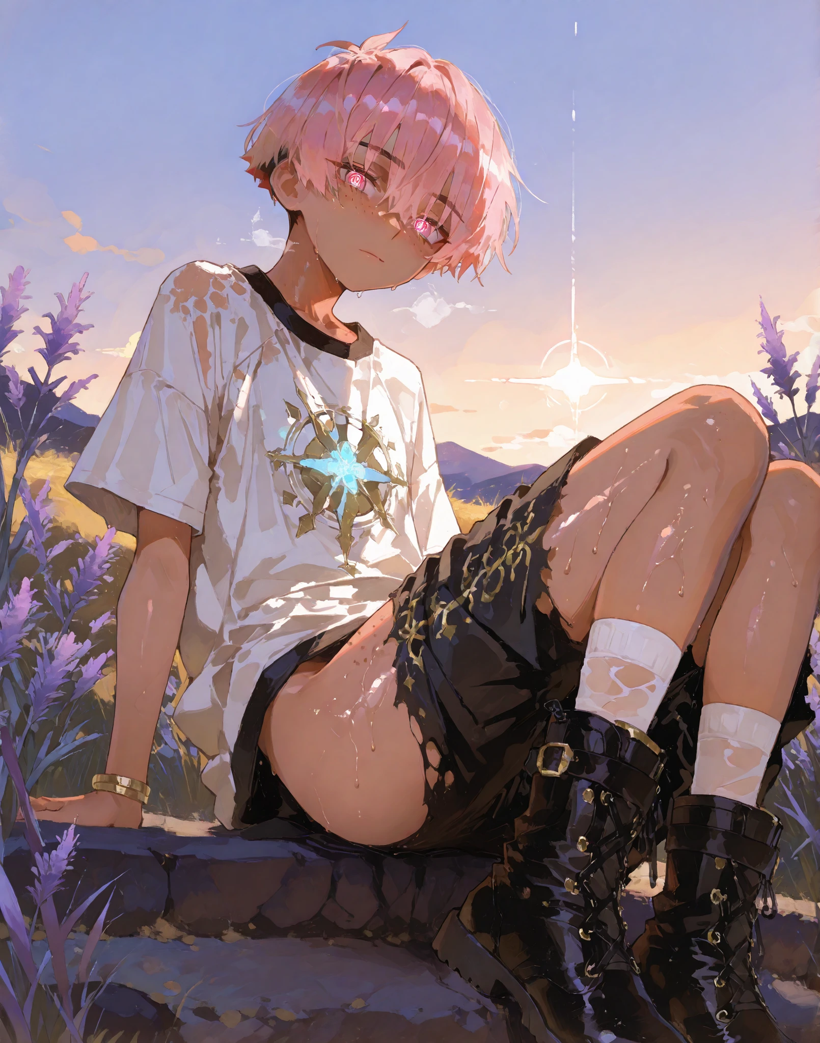 holographic, alternative artwork, exclusive colorways—. main character is tanned boy mixed-race black skinned skinny young boy with freckles, glowing clear glossy wet shiny skin, short spiky lavender and salmon pink hair , black trimmed undercut taper sides and back behind hair, and sky blue neon eyes, baggy combat gi shirt with lavender trims shirt manly boy gold trim, and very baggy GI black very torn wrecked man baggy pants by revealing his legs and middle with gold accents, , soft golden hour lighting, i anime-style, detailed and vibrant, and dark, tone, dawn, with very high long socks, and with combat fighting black boots with lavender trims.