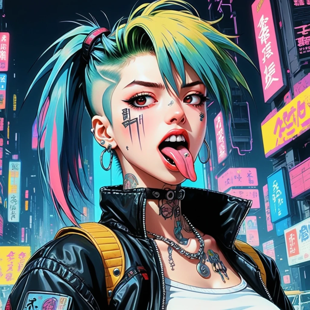 ((Anime illustration)), 90s anime cyberpunk style woman sticking out her long punky tongue, masterpiece,
