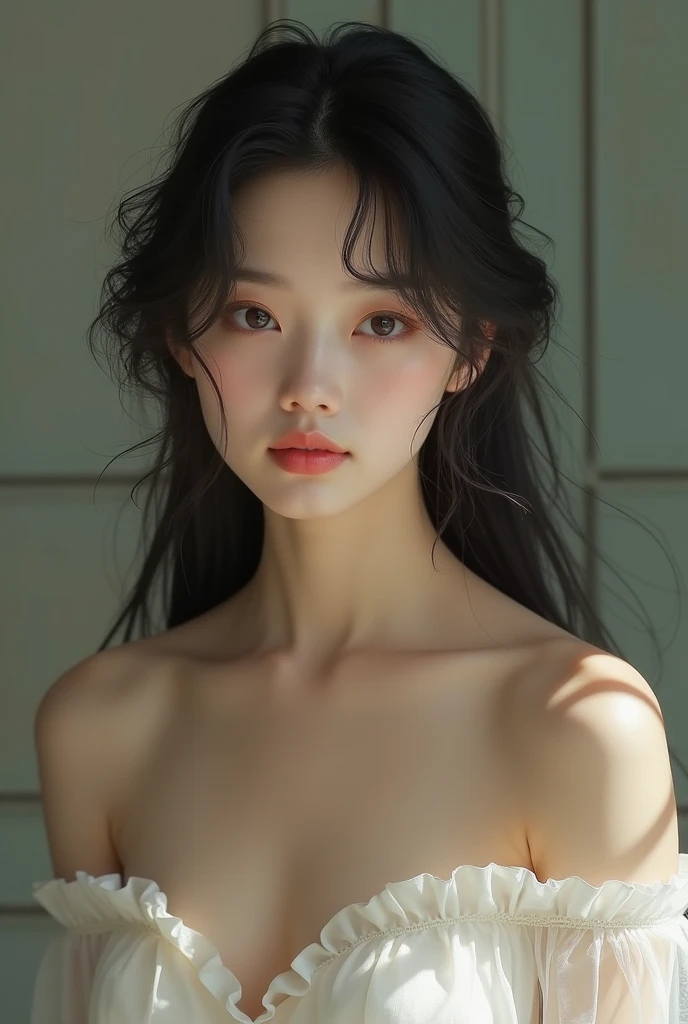 A young stunning Asian woman, laying topless in the sand, covering both breasts, wearing a bikini bottom.