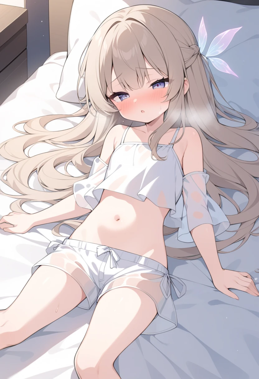 Fluffy white bear，Pure white skin，Loli body，Blue eyes，Pure white hair，Since heaven，Glowing hair，Wear wet white panties,The whole body is stained with your white liquid，The underwear is stained with slimy liquid，The liquid flowed onto the bed without underwear,A shy look,Lie down in bed,Open your little mouth, ,Full body like,Top view,What an looks like,Bed linen is wet