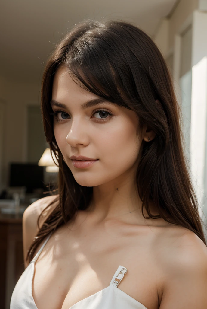 High quality, A super realistic Scandinavian brunette girl in a classy black dress, make her beautiful, cute smile, she’s in her super realistic bedroom with some realistic plant, upper body, (no paintings on the wall:1.5), mouth closed, long hairs