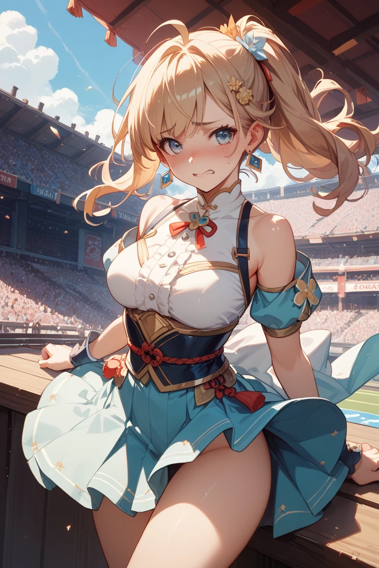 masterpiece、1 beautiful girl、fine eyes、smile,puffy eyes、highest quality, 超High resolution, (reality: 1.4), movie lighting、super beautiful、beautiful skin、body facing forward、Upper body,close up of face,(Ultra-realistic)、(High resolution)、(8k)、(very detailed)、(Beautiful and fine eyes)、(Super detailed)、 (wall-)、detailed face、bright lighting、professional lighting、looking at the viewer、look straight ahead、slanted bangs、perfect cosplay, highest quality,super detailed,1 girl,alone,magical princess,blonde hair,blue clothes,blue skirt,brown eyes,feather hair band,long hair,pauldron,boots,red scarf,tiara,white shoes, flower field background,prepare a bow
