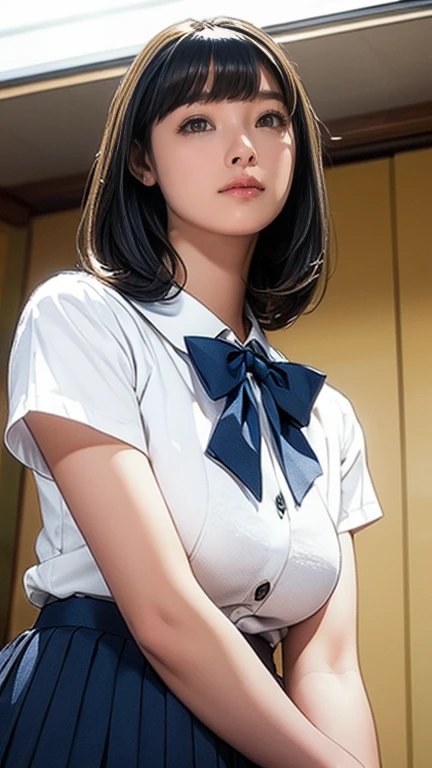 、(masterpiece、Highest quality)、Highest quality, Ultra-high resolution, (((masterpiece))), alone, Sweat、Big eyes, Composition from the front、Shortcuts、Embarrassed face、Blonde Hair、Cut your hair short、School classroom、Sailor suit、skirt、short hair、Browsing Caution、Upper body naked、Breasts exposed、Nipples、Large areola、Sitting in a chair without a backrest、Internal Medicine Examination、Woman showing her body、belly button、真Composition from the front、School Insurance Office、curtain、cubicle、window、door、Fluorescent lamp
