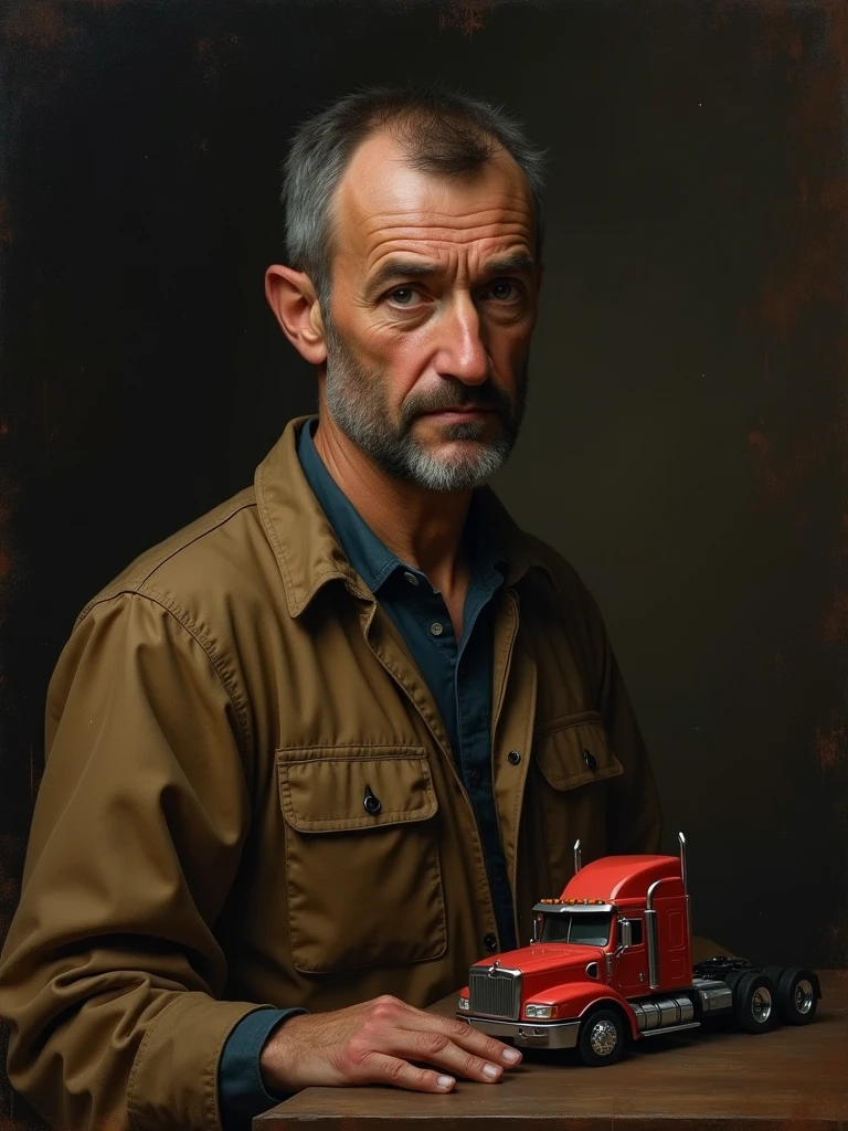 RAW, Masterpiece, Super Fine Photo,, Best Quality, Ultra High Resolution, Photorealistic Photorealism, Sunlight, Full Body Portrait, Male Middle-Aged Uncle, Dynamic Pose, Cheek Beard, Scar under Right Eye, Vibrant Eyes, (sitting), He is wearing casual overalls, Very detailed background, Detailed face, Detailed complex busy background, Messy, dark complexion, Highly detailed skin, Realistic skin details, Visible pores, Sharp focus, Volume fog, 8k UHD, DSLR, High quality, Film grain, photorealism, lomography, (black dog companionship), (dog on the left), huge metropolis in future dystopia, --auto --s2