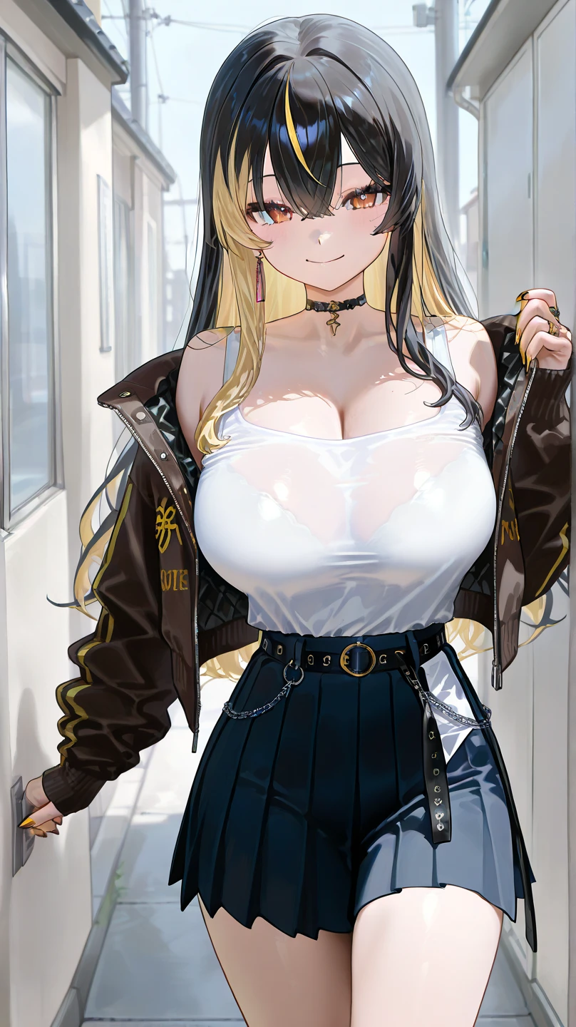 (best quality:1.5, highres, UHD, 4K, detailed lighting, shaders), gold floral haired, gradient hair, large breasts, suit, gray shirt, social shirt, short skirt, mature woman , (pov), white background, colorful eyeshadow, dramatic lighting, sparkling eyes, sensual expression, golden earrings, flowing hair, delicate facial features, dark skin, high cheekbones, urban setting, white background, dont look for the camera, lean forward,