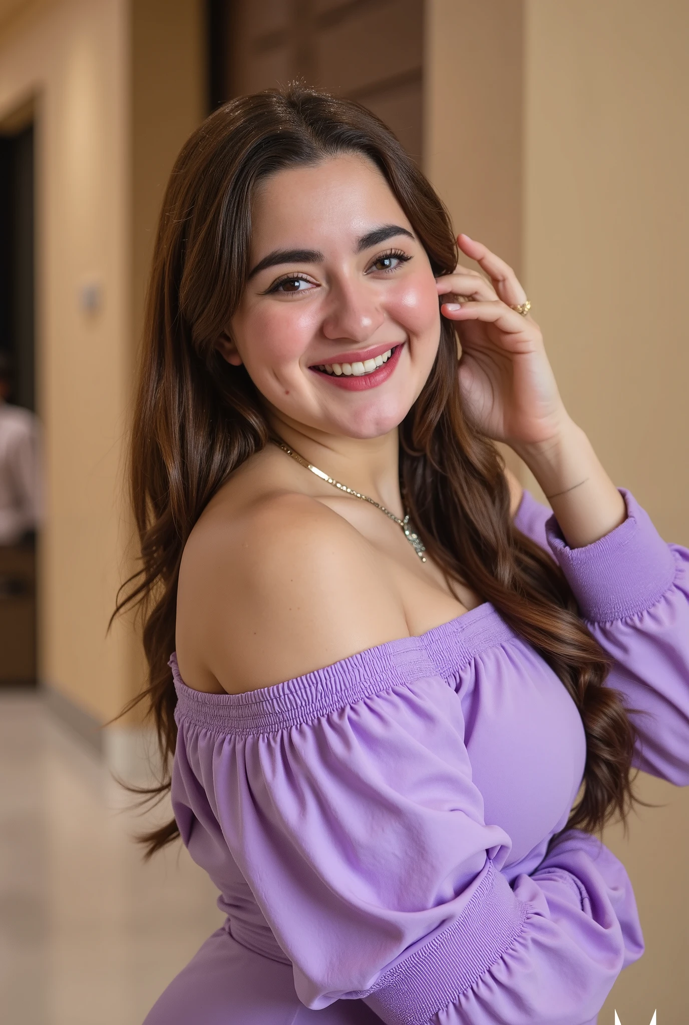 Female ((20year old)), hair ((long, wavy, brown)), eyes ((hazel, smart eyes)), clothes ((Polyester, off-shoulders, purple, light purple)), accessories ((hairband)), oppai, seductive smile, smiling, indoor , Hotel Reception, Day ambiance atmosphere , Ultra Realistic, High Definition, 8k, Full body pose, Standing pose ,Full Body