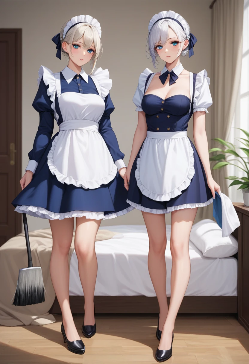highest quality、masterpiece、((2 women))、((smile:1.3))、(blush:1.3)、Black Shirt、blouse、((fun!!))、(Small breasts)、()、Blonde、(Long sleeve)、((White apron:1.5))、((Maid))、((hair ornaments)),、Kamimei、look at me、 ((in house:1.5))、 Taking a break from watching the audience、Cowboy Shot、(Skirt lift:1.3),(Highly detailed pink striped panties:1.3)、(Highly detailed panties:1.3)、、(スカート that rolls up:1.3)、(Panties fully exposed:1.5)、Light blue eyes、long hair、Glowing Eyes