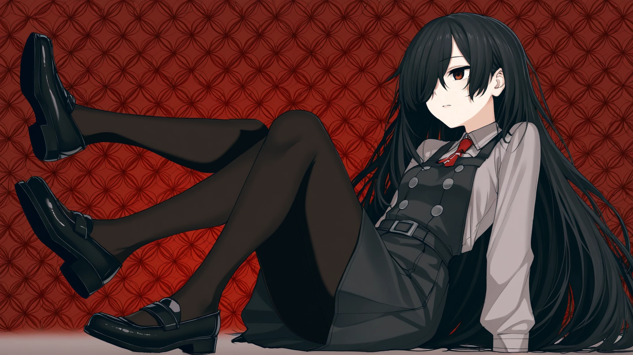 girl, anime, black hair, Red eyes, black hat, black rabbit ears,black top,black skirt, black tights.