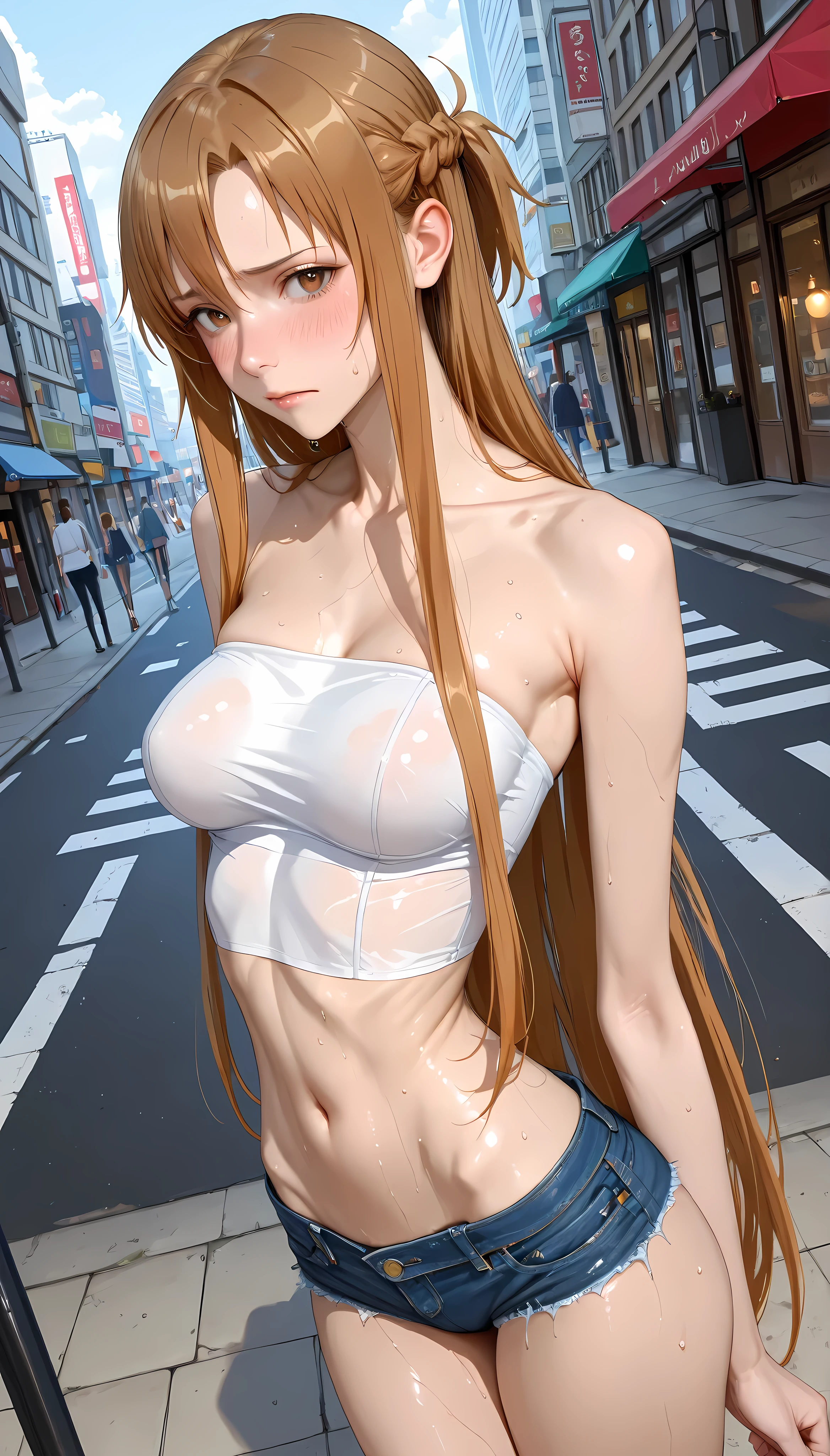 Woman standing in only panties with ((arms crossed)) to cover (((nude color string bikini top))), (masterpiece:1.5, best quality:1.5), realistic, (hyper realistic:1.5), (photo realistic:1.5), (real picture, intricate details), (not looking at viewer), (8k wallpaper:1.5) (full body view:1.15), (detailed face:1.5), (detailed eyes:1.5), (sharp photo),highly detailed, ultra-detailed, ultra high res, Cinematic Light, Lens Flare, high quality shadows, Ray tracing, sharp focus, (1girl, __focus__:1.3), (intricate details, PureErosFace_V1:1.5), (((huge breasts))), (((shy expression)), pouting, looking downwards, (nsfw:1.5), athletic build, toned arms, Asian, Korean model, sweaty body, dripping wet, blushing cheeks,
Style - realistic, hyper-realistic
Location - Japanese convenience store at night,
Background - convenience store shelves stocked with Japanese products, bright colorful displays,
Subject - sexy Asian woman with ((long chestnut brown hair)) and swept bangs, Outfit - (white lace panties), (black thick-rimmed oversized glasses), (((no bra)))